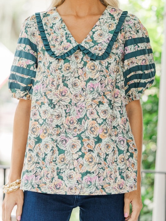 entro Tops - Entro Floral Puff Sleeve Low Collar V-Neck Colorful Blouse Hunter Green L